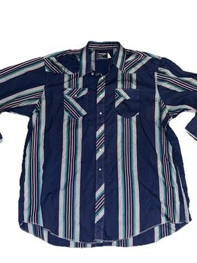 Vtg Wrangler Shirt Mens 4XL Tall Blue Stripe Western Pearl Snap Made In USA